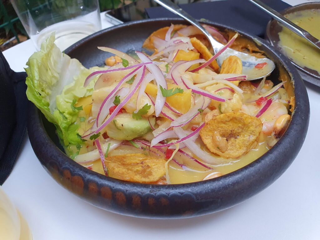 Miska z ceviche, surową rybą i czerwoną cebulą w sosie cytrusowym